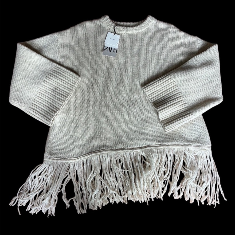 Zara Cream Fringe-Hem Crewneck Sweater NWT.